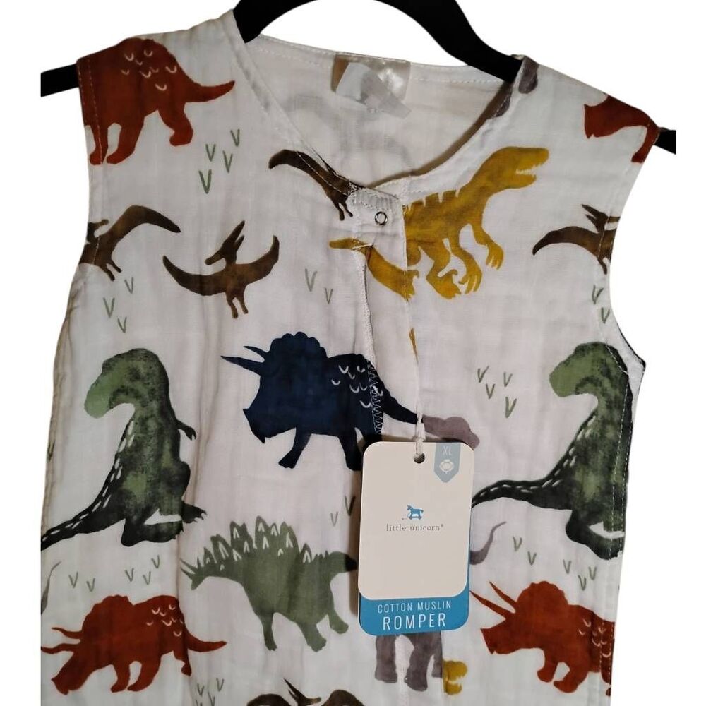Little Unicorn White Dinosaur Print Onesie Romper Size XL‎ - Picture 3 of 6